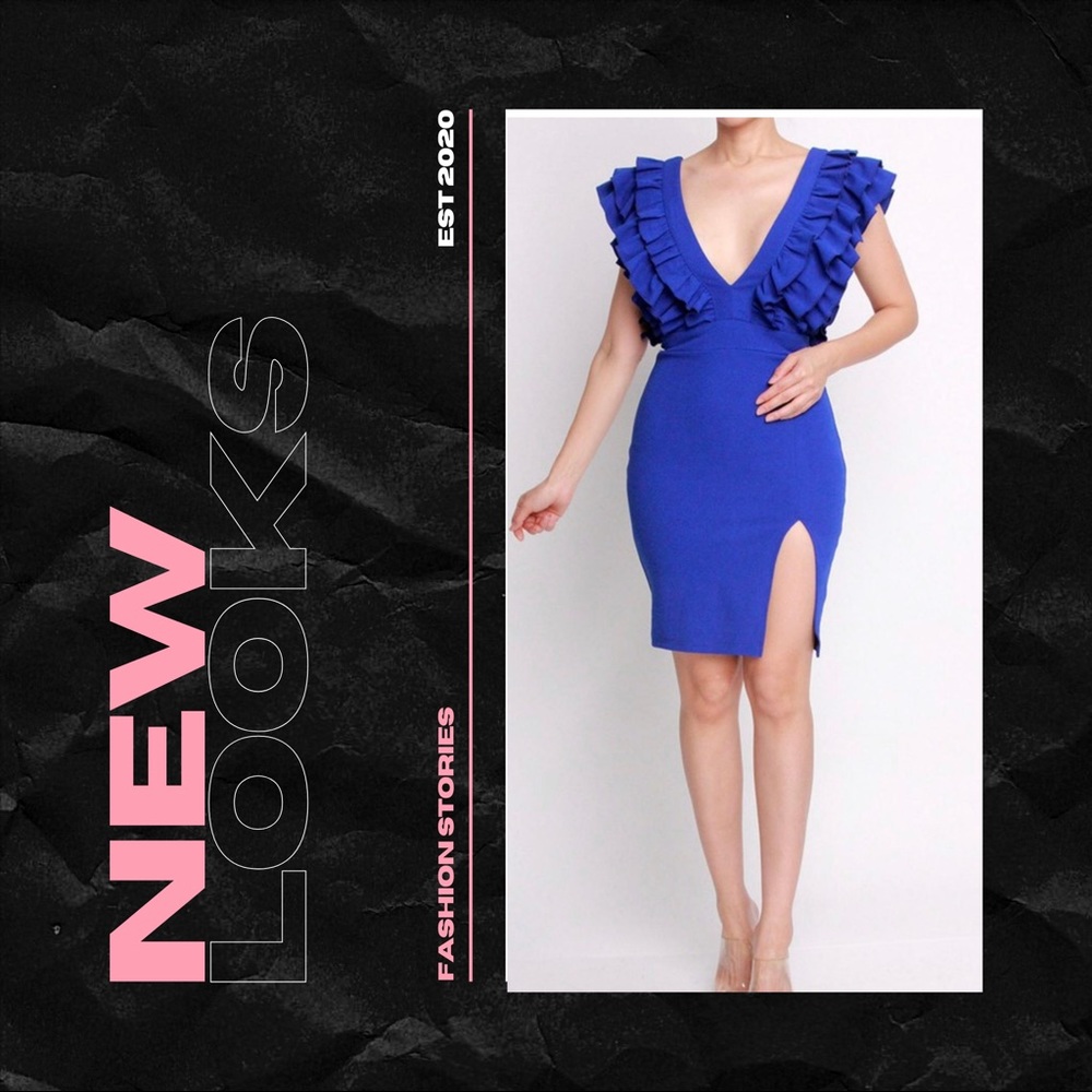 Blue Ruffle Shoulder V Neck Knee Length Dress